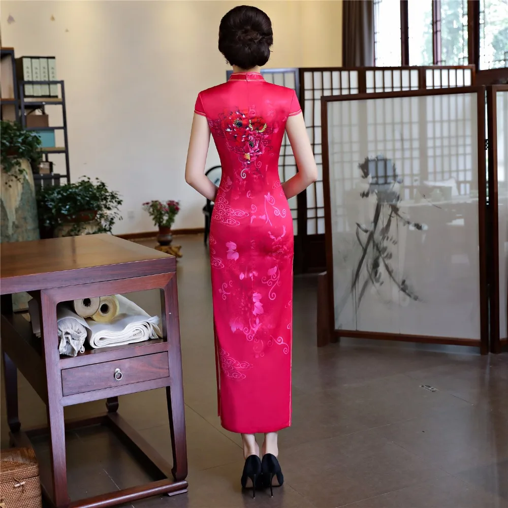 Шанхай история искусственного шелка Qipao Платье длинное Cheongsam национальный тренд платья короткий рукав тонкий Традиционный китайский платье для женщин