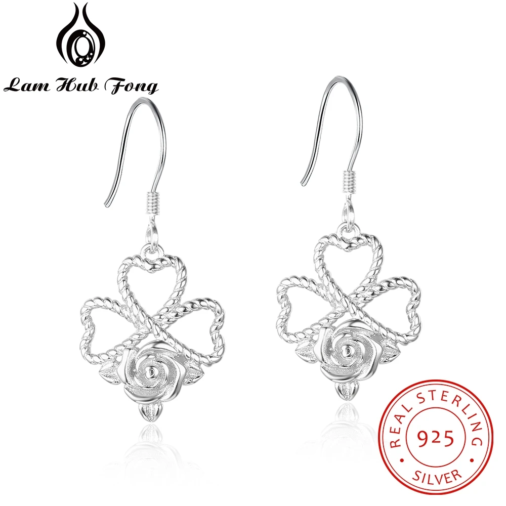 

925 Sterling Silver Drop Earrings Rose Flower Earrings Female Heart Earrings Romantic Gift for Wife Fine Jewelry (Lam Hub Fong)