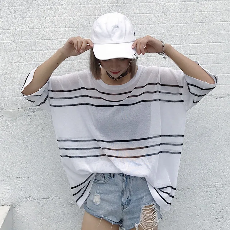 PLAMTEE Oversized Batwing Sleeve T-Shirts For Women Loose Summer Tops 2017 Fashion Striped Round Neck Female Knitted T Shirt | Женская