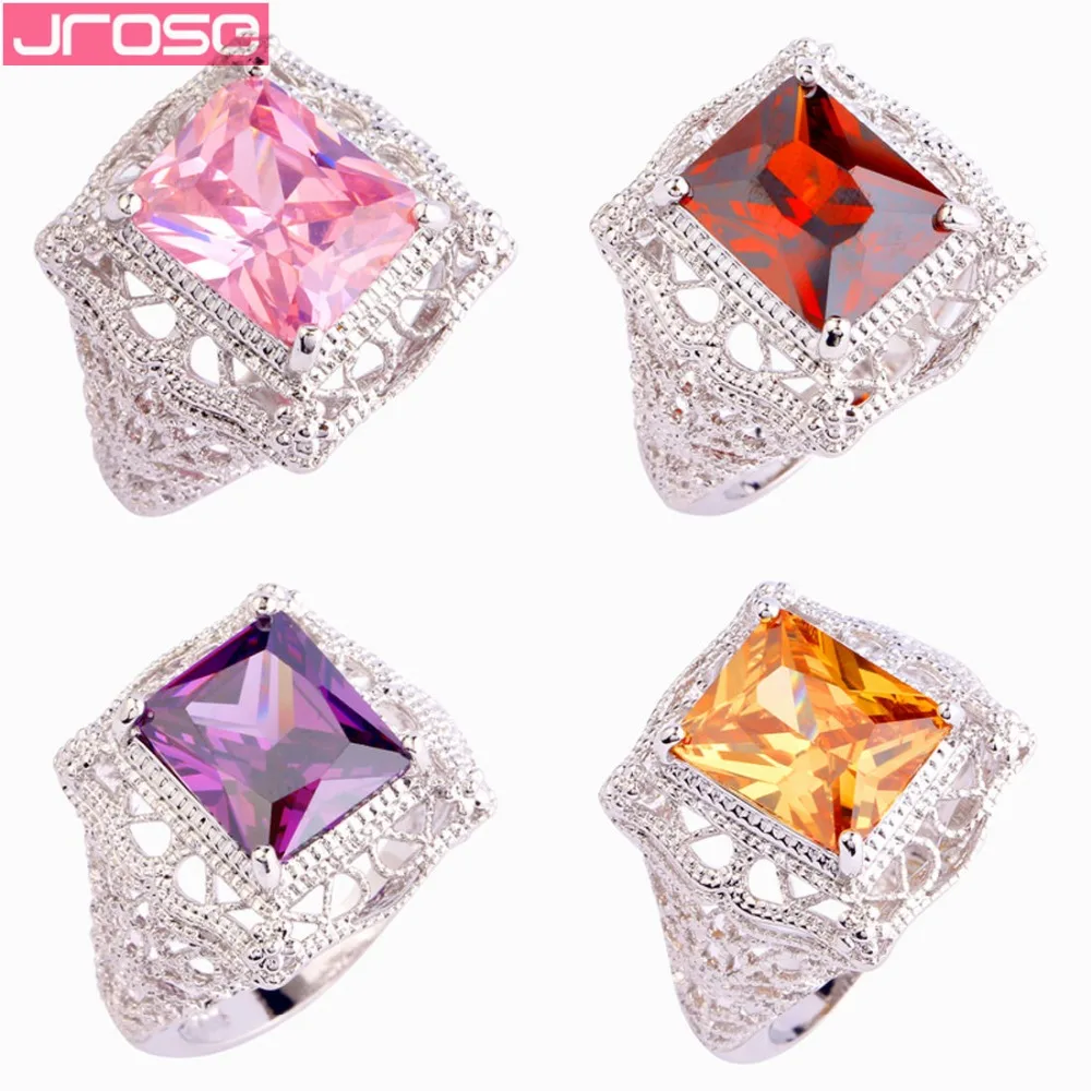 

JROSE Wholesale Solitaire Wedding Bands Purple & Fire Rainbow & Pink & Yellow Cubic Zircon Silver Ring Size 6 -11 Fashion Gifts
