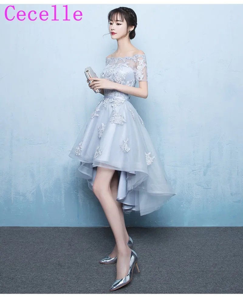 Дешевые серебряные Высокий Низкий с плеча подружек невесты Платья для женщин