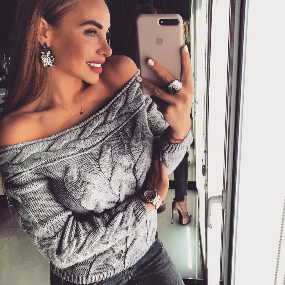 Women's Sexy Sweater 2018 Winter Strapless Wide Boat Neck Collar Woollen Knitted Clothes Plus Size For Buxom Women CH459 | Женская