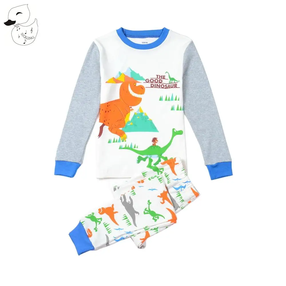 White BINIDUCKLING/Весенний детский пижама для мальчиков, пижамные комплекты хлопковая длинная футболка с принтом динозавра+ штаны, детская одежда - Цвет: White