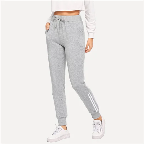 Gray Dotfashion серые контрастные полосатые узкие брюки с завязками на талии женские спортивные штаны Весна осень уличная одежда брюки - Color: Gray