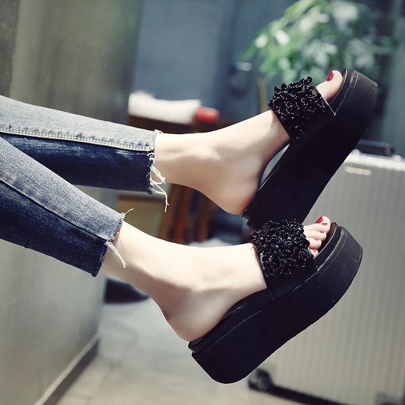 Сандалии женские на платформе пляжные босоножки без застежки толстой высокой