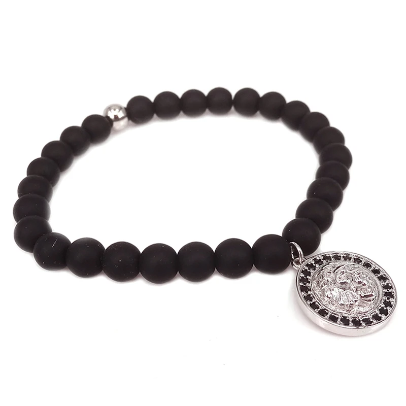 Модный микро-браслет с черным кубическим цирконием голова льва мужские бусины