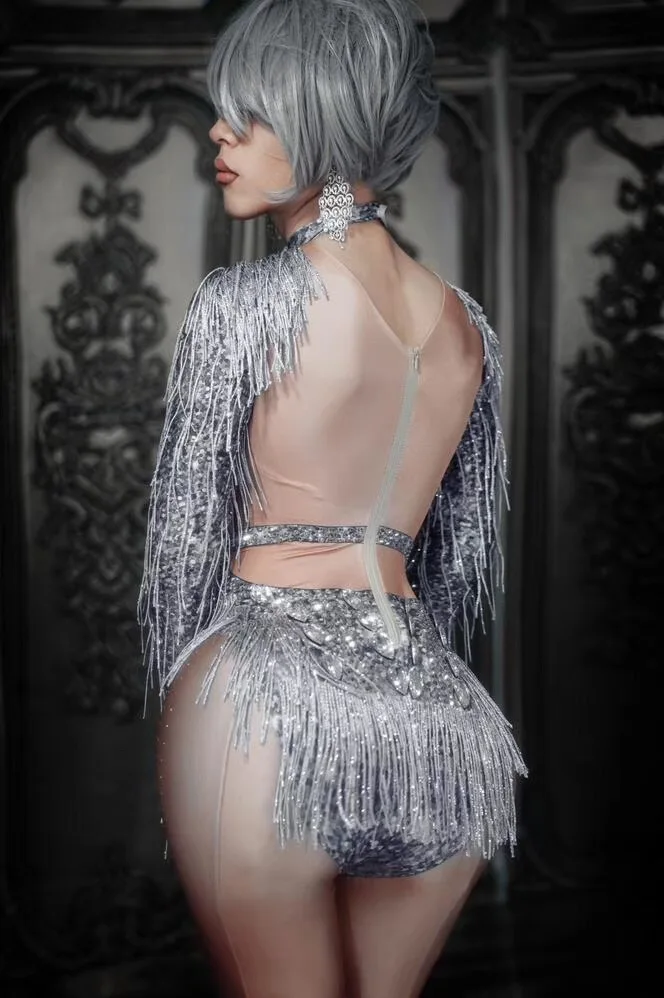 2020 New Women Fashion Shiny Rhinestone Tassel Sexy Jumpsuit Birthday Celebrate Gray Fringes Costume Dance Jumpsuit