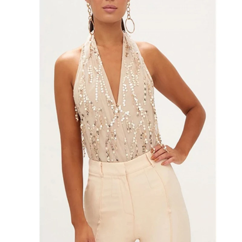 Женский Облегающий комбинезон боди с глубоким треугольным вырезом и блестками