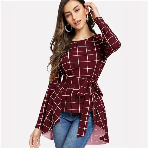 Burgundy Sheinside клетчатые Женские топы и блузки офисные женские OL асимметричный подол опоясанный сетчатый топ с длинным рукавом женская элегантная блузка Футболка - Цвет: Burgundy