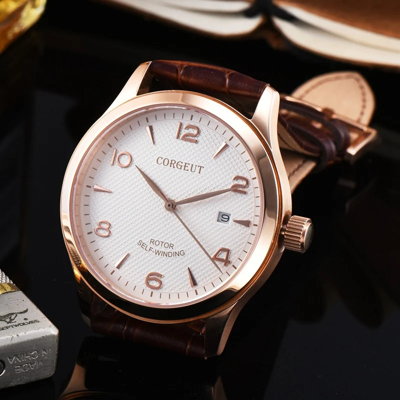 Corgeut 42 мм Мужские автоматические часы Miyota 821A Mov не белые с циферблатом Rosegold чехол