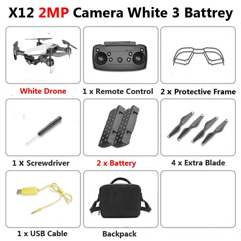 2MP White 2B Bag X12 WiFi FPV Mini Foldable Drone Camera 0.3MP 2MP HD Optical Flow Aerial Video Profissional RC Quadcopter Helicopter Toys SG106 - Цвет: 2MP White 2B Bag