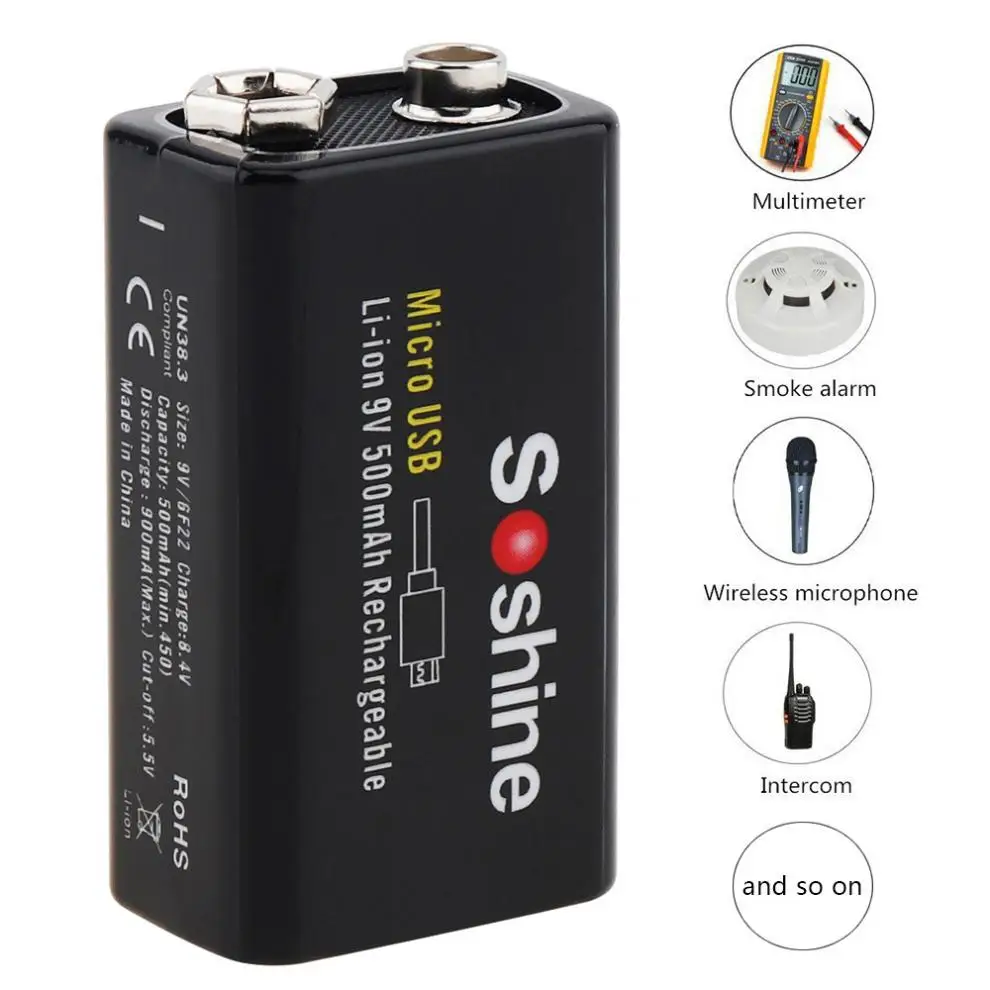 2 шт./лот 9V 6F22 500mAh Li-Ion 7 4 V 3.3Wh Аккумуляторная Батарея Micro USB защищенная для