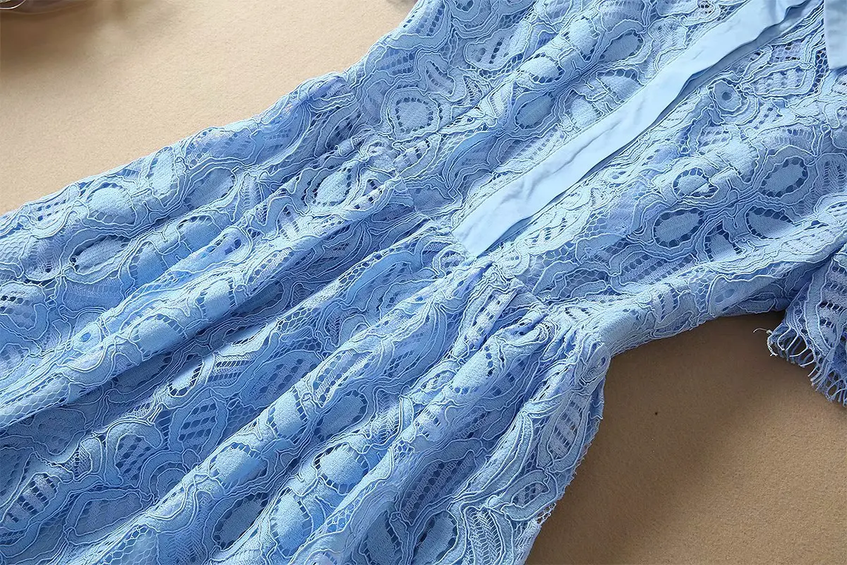 Women girls elegant blue glitter lace dress midi floral hollow out short sleeve summer shirt dresses