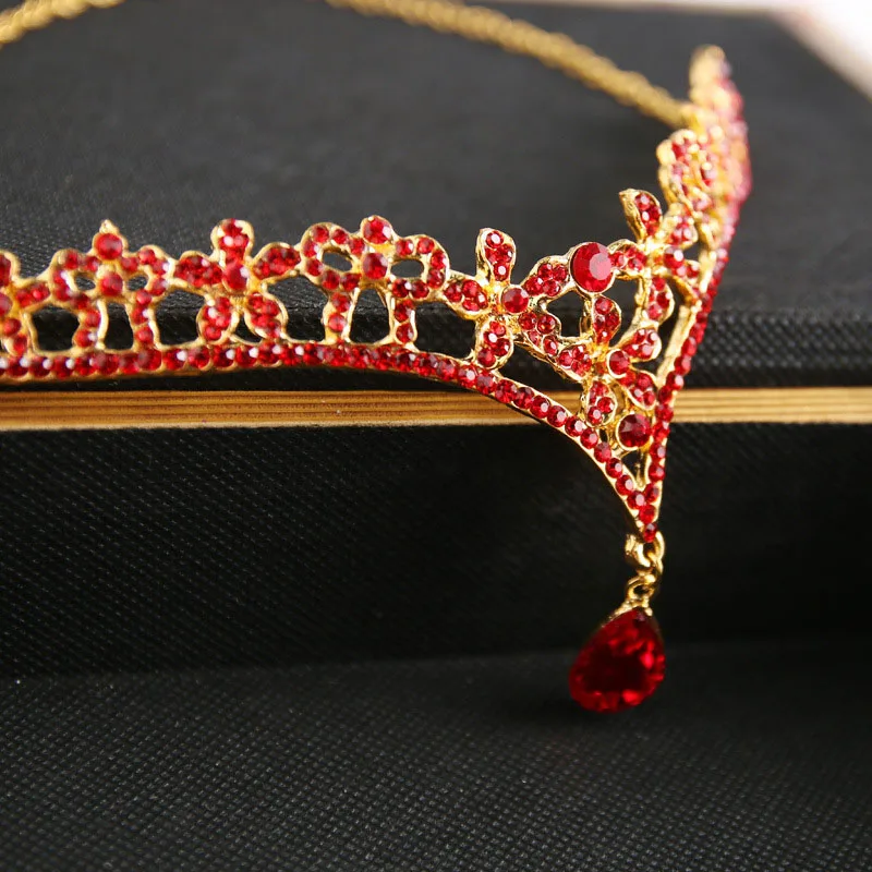 Red Серебряные, золотые, хрустальные, цветочные аксессуары для волос, украшения на голову, красные стразы, на голову, на голову, свадебные диадемы, на цепочке для волос - Окраска металла: Red