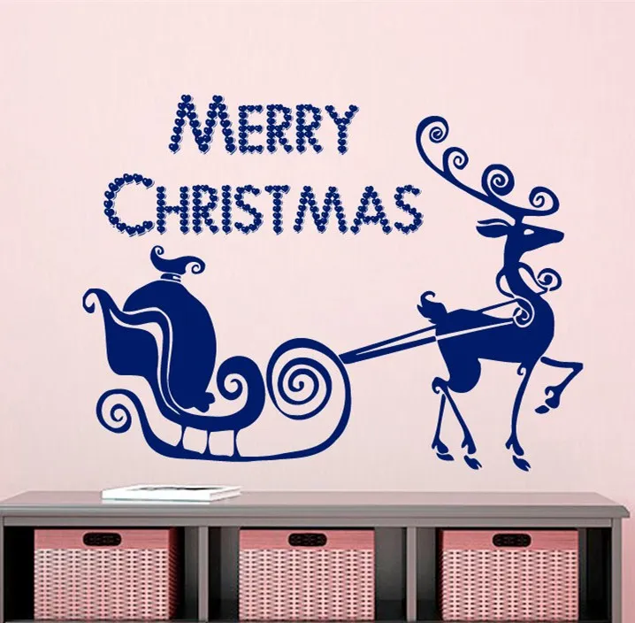 

Merry Christmas Quotes Wall Decal Reindeer With Carriage Merry Christmas Wall Stickers Home kIDS Bedroom Art Decor Mural F-10