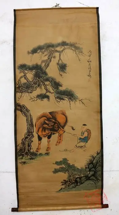 Редкий Старый китайский QingDyansty прокрутки, рисунок крупного рогатого скота, изысканный дизайн, ручной работы, древний, бесплатная доставка Редкий Старый китайский QingDyansty прокрутки, рисунок крупного рогатого скота, изысканный дизайн, ручной работы, древний, бесплатная доставка