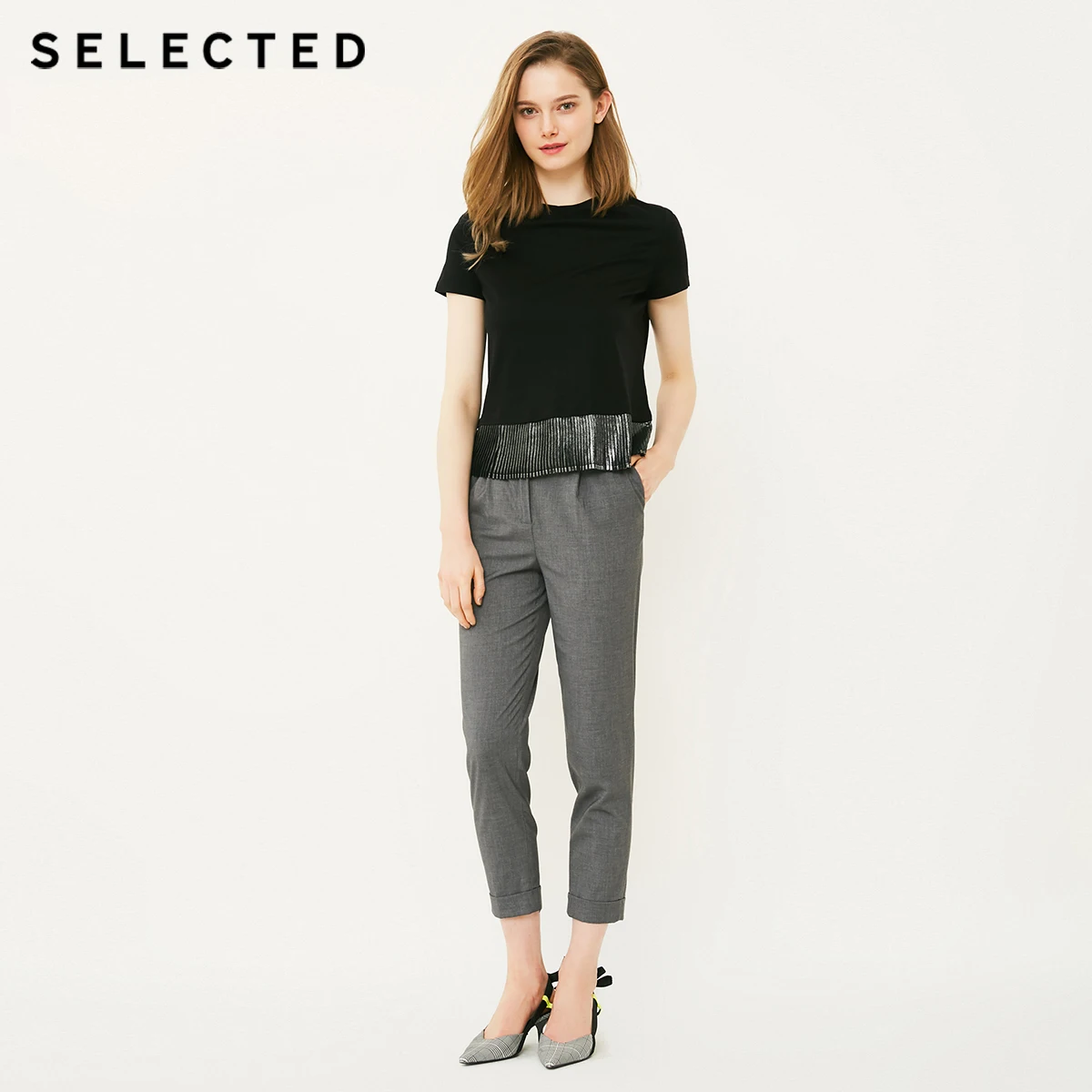 Выбранная Женская мерсеризованная хлопковая трикотажная футболка с короткими