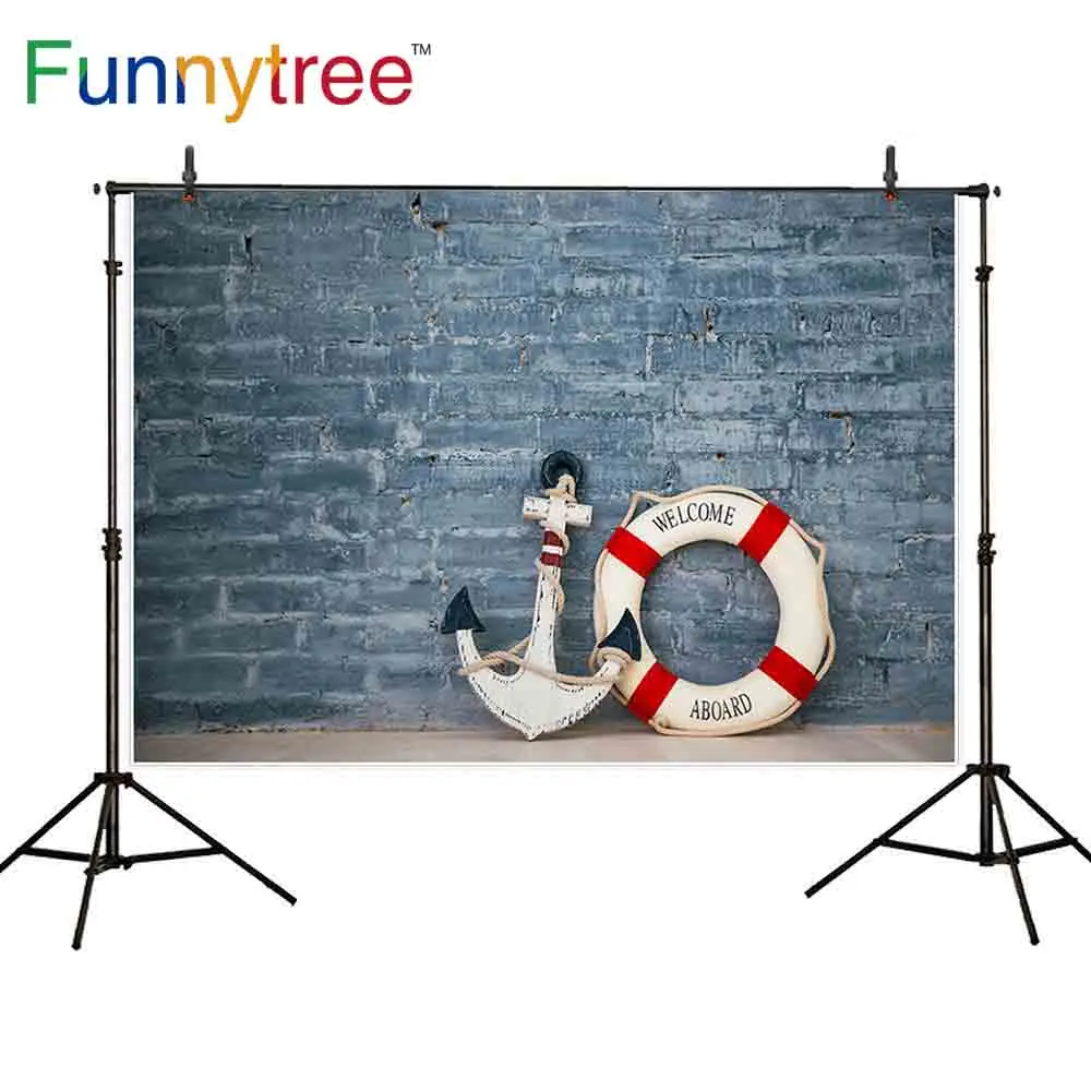 

Funnytree военно-морская тема изображением леса узора из точек и кирпич якорь спасательный круг в винтажном стиле летние фон для фото студия пол...