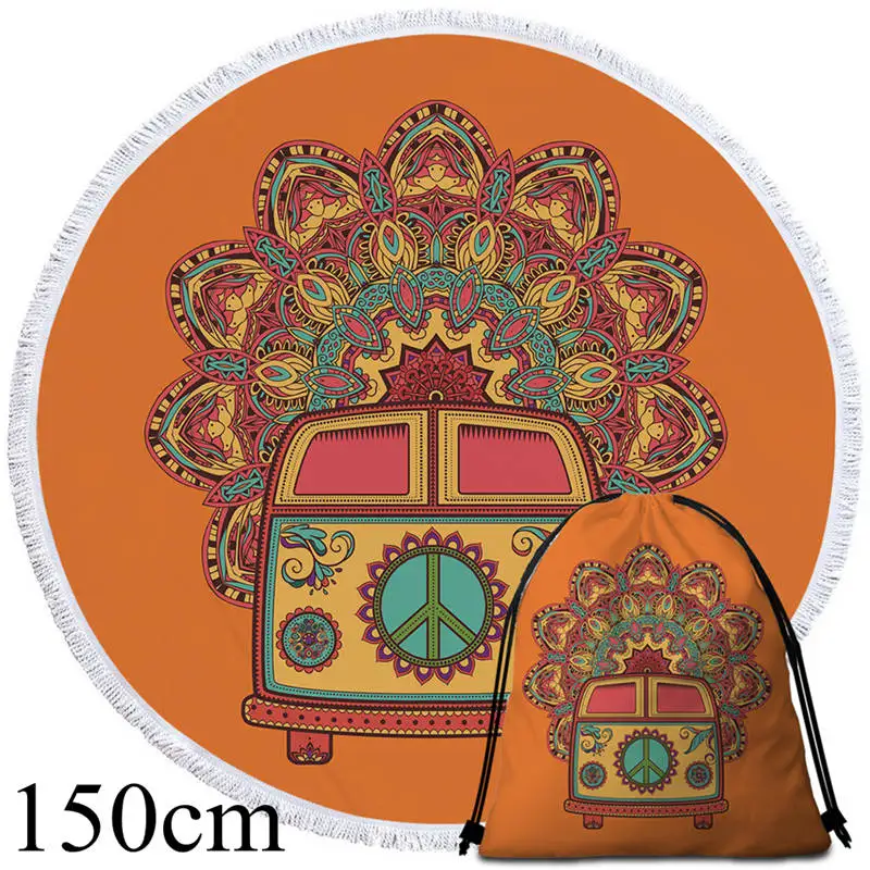 001 Towel 150cm-Bag Постельное белье Outlet Мандала Круглый пляжное полотенце женщина Toalla кисточкой одеяло Хиппи Винтаж автомобиль печатных микрофибра банное полотенце гобелен - Цвет: 001 Towel 150cm-Bag