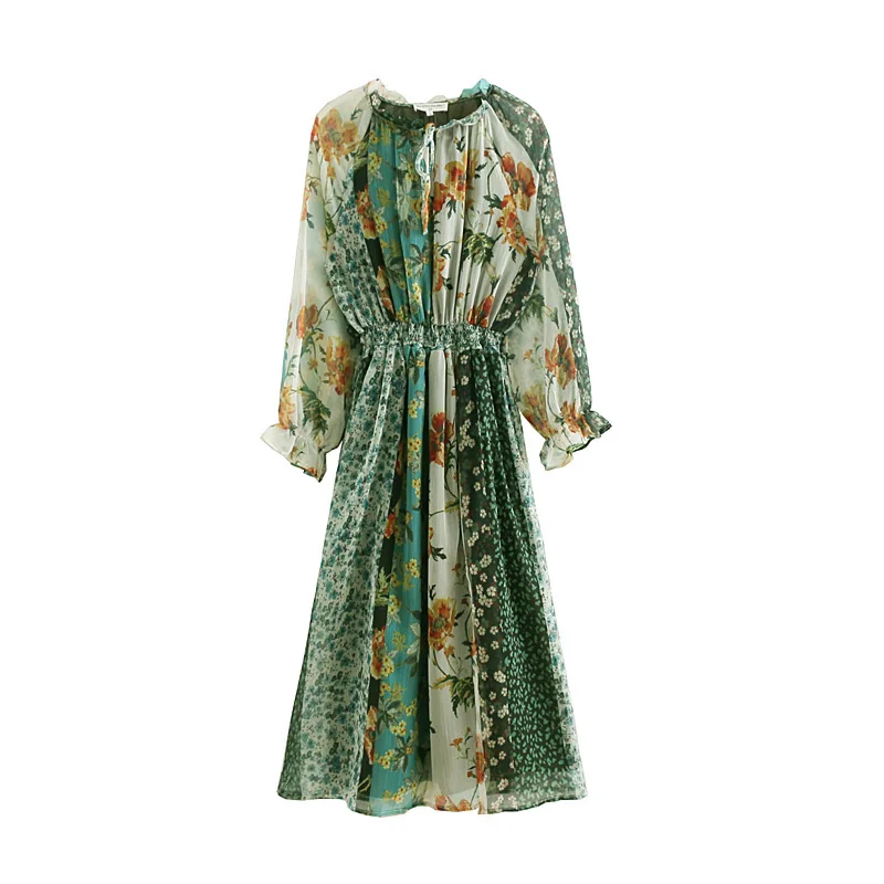 Новая Мода vestidos женское винтажное шифоновое платье миди с длинным рукавом и