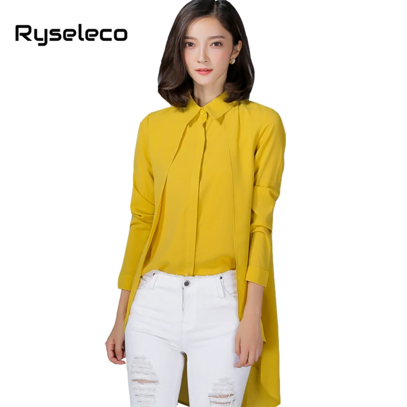 

Ryseleco Women Pure Color Irregular High Low Dovetail Casual Blouses Ladies OL Formal Work Wear Panels Long Sleeve Shirts Tops