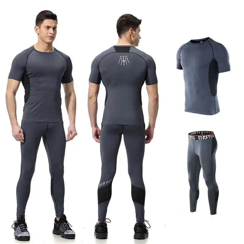 2 шт. Для мужчин тренажерный зал сжатия Фитнес комплекты футболка + леггинсы