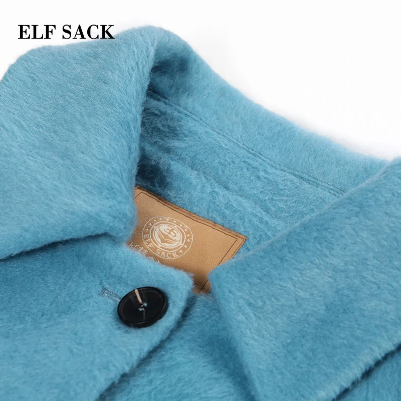 ELFSACK, зимние толстые женские шерстяные куртки, длинные женские пальто с отложным воротником, однотонные повседневные женские теплые куртки с широкой талией