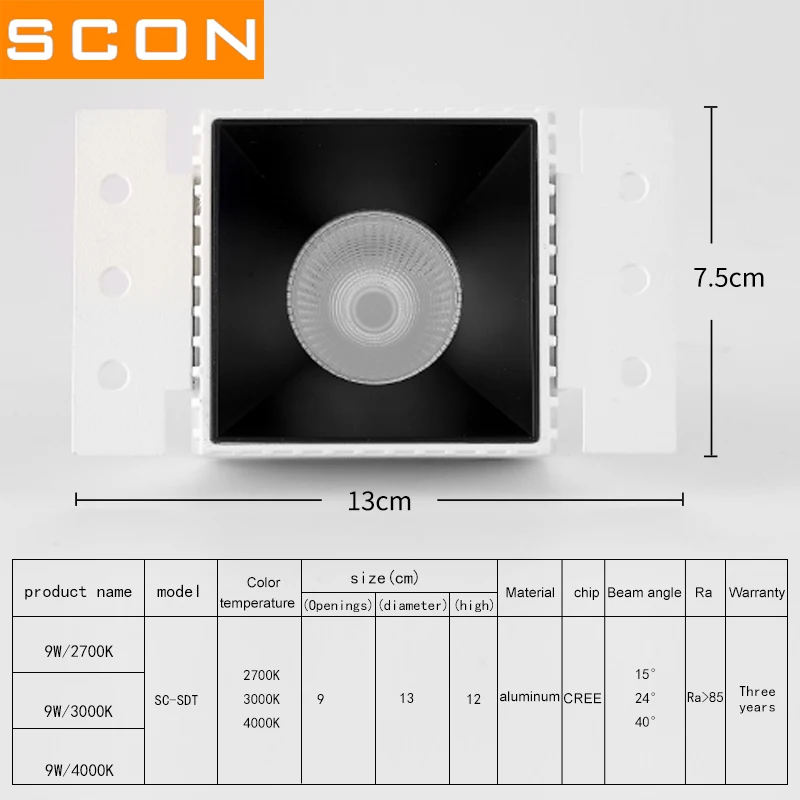 SCON Встроенный светодиодный потолочный светильник ing квадратный 9 Вт Бескаркасный и бесшовный Точечный светильник CREE CRI Ra> 93 настенный светильник в виде барабана стиральной машины внутренний светильник