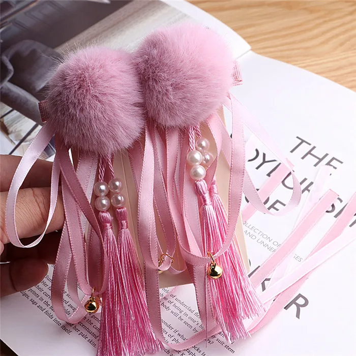 6 dark pink 2 шт./лот, милые меховые заколки для девочек, модные тканевые заколки для волос с цветами и кисточками, заколка, аксессуары для волос - Цвет: 6 dark pink