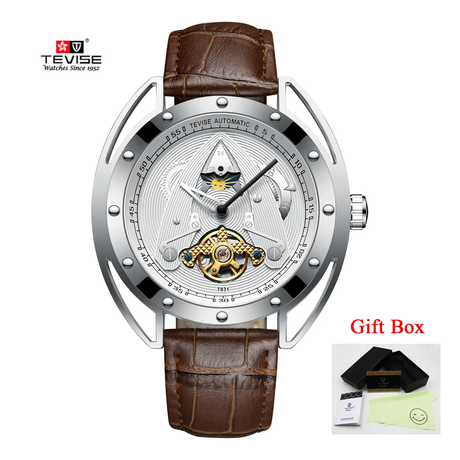 silver white Tevise, Мужские автоматические механические часы, водонепроницаемые, Tourbillon, спортивные, с автоматическим заводом, Лидирующий бренд, мужские наручные часы, Relogio Masculino - Цвет: silver white