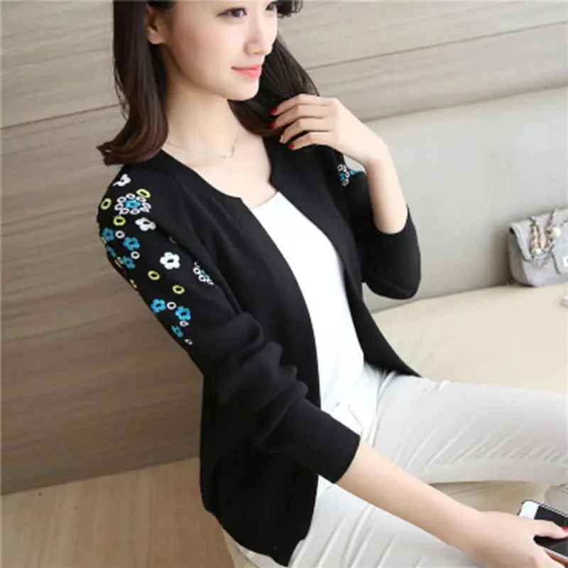 Женский трикотажный кардиган с круглым вырезом длинным рукавом|embroidered cardigan