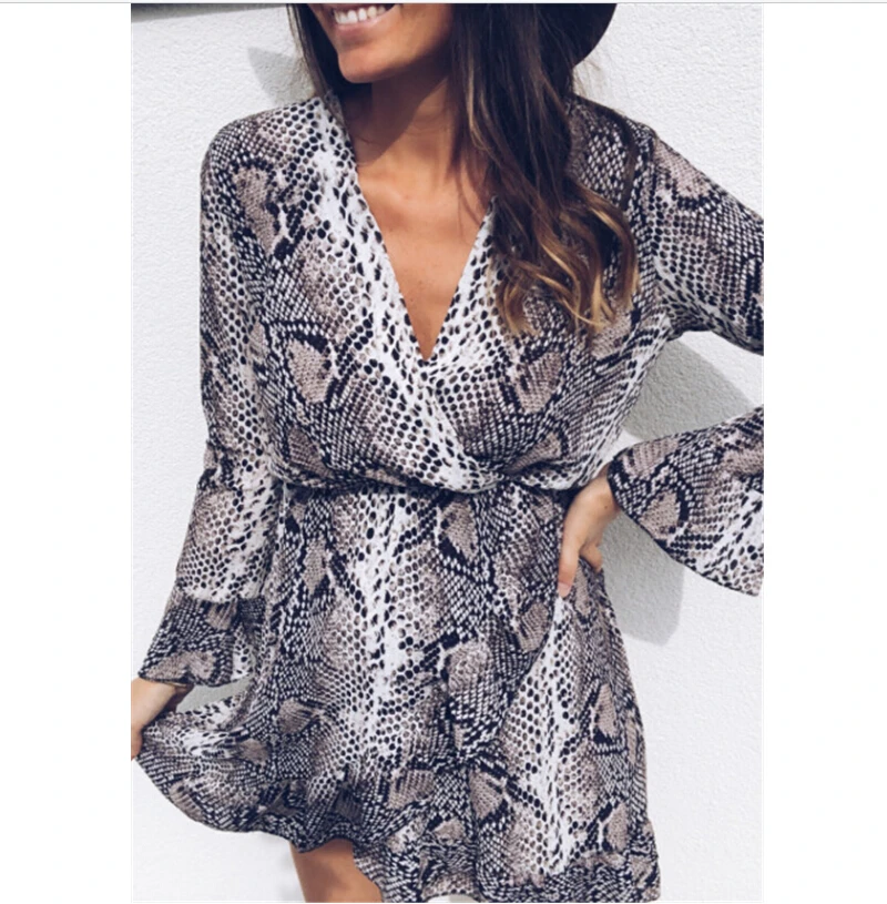 

Brown Snake Printed Dress Women Holiday Long Sleeve V-Neck Dresses Autumn Spring Short Mini Dresses Vestidos