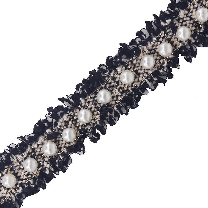 10 ярдов бисером черный белый кружева ленточная отделка бахромы аппликация Ткань