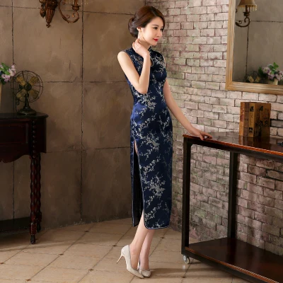 navyblue Сексуальное женское платье без рукавов, тонкое, Cheongsam, новинка, винтажное, китайское, воротник-стойка, Qipao, вечернее платье, vestidos - Цвет: navyblue