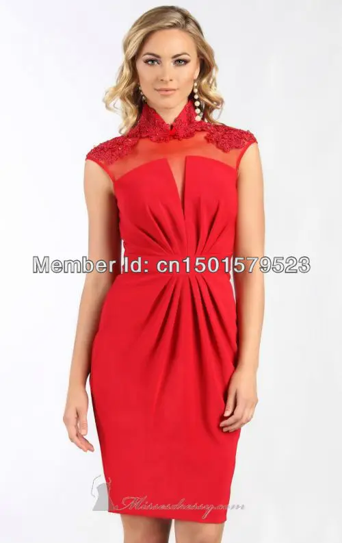 High-neck Formal Dress Sexy Cocktail Dresses Guest Red Sheath Applique Cape Sleeve Knee Length Pleat Diamonds | Свадьбы и торжества