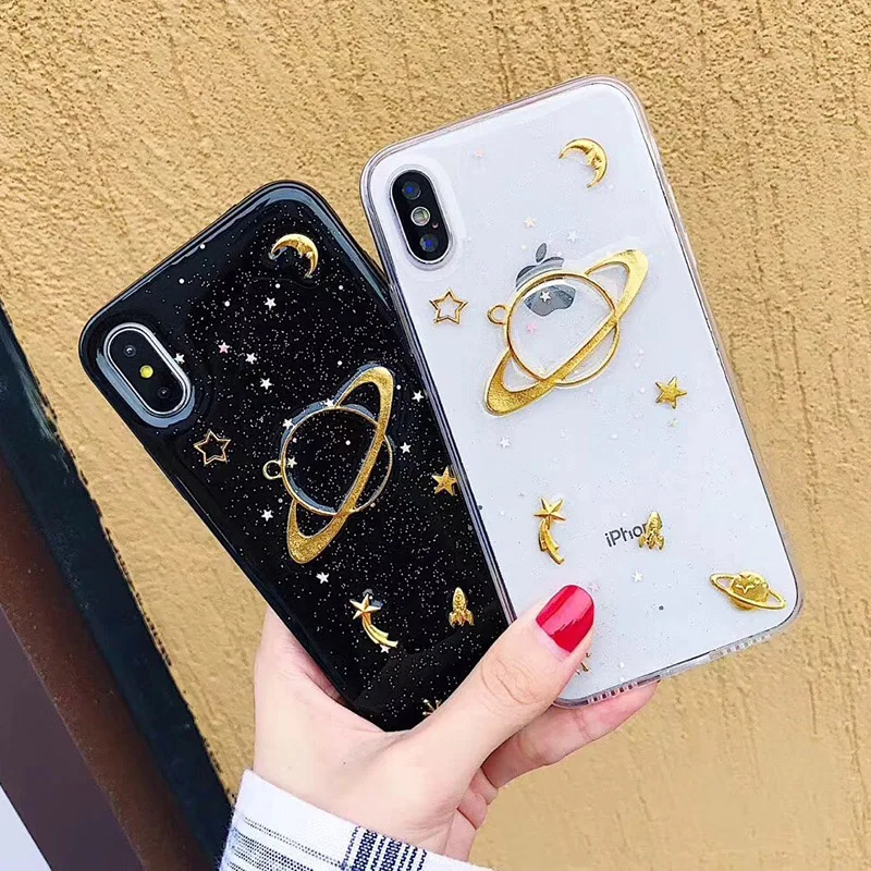 

Luxury Gold Foil Glitter Case For iPhone 11 XS Pro Max XR X 7 6S 6 8 Plus SE 2020 Moon Stars Planet Case Silicone TPU Back Cover