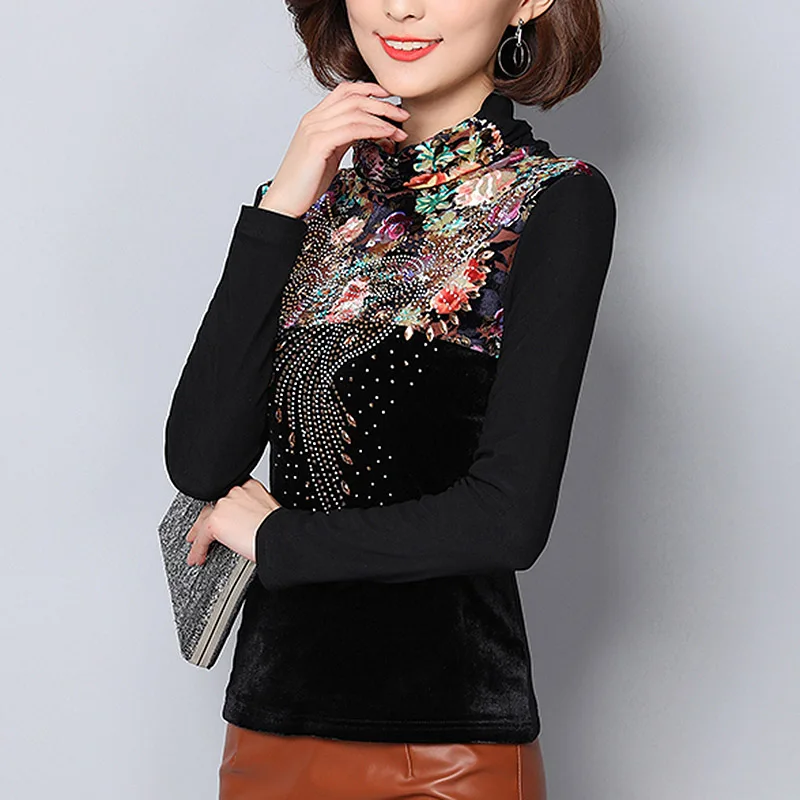 Блузка женская теплая с бусинами большого размера 4XL на осень и зиму 2019|Блузки| |