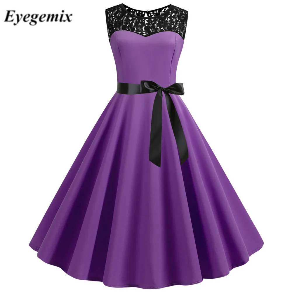 Платье женское с принтом фиолетовое без рукавов в горошек средней длины