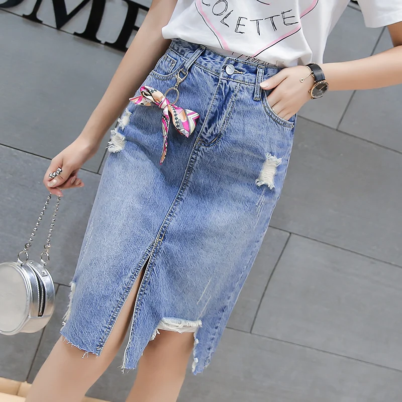 Новинка джинсовая юбка средней длины весна 2020 с высокой талией женская