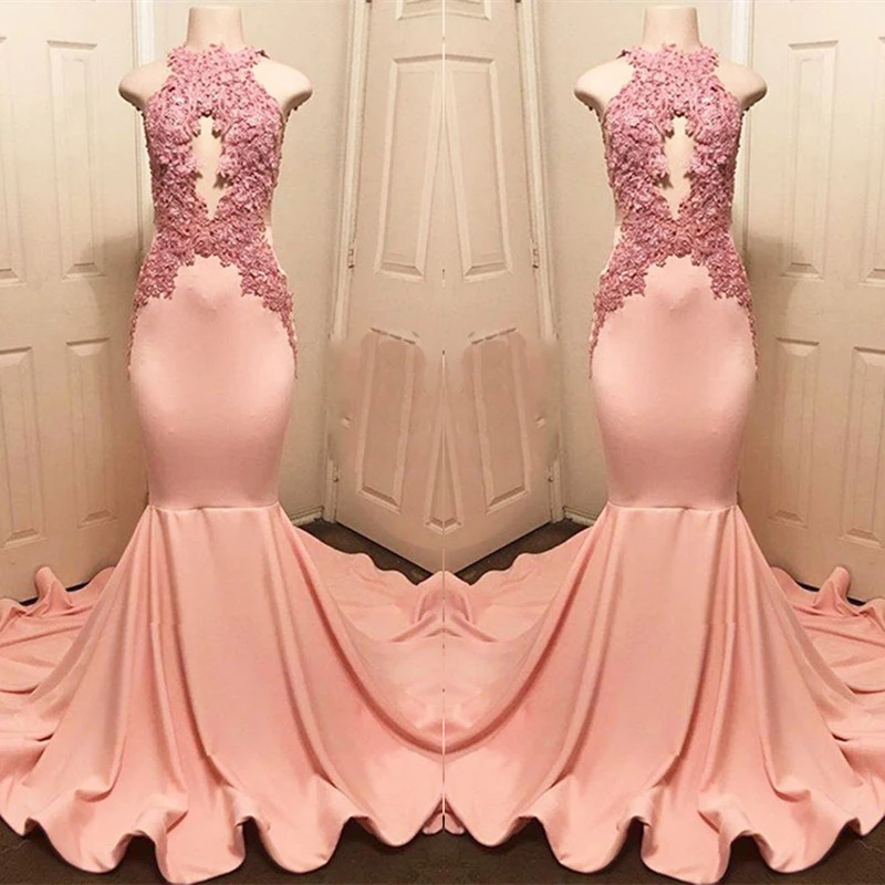 Розовое платье-Русалочка с кружевной аппликацией вечернее платье длиной до пола