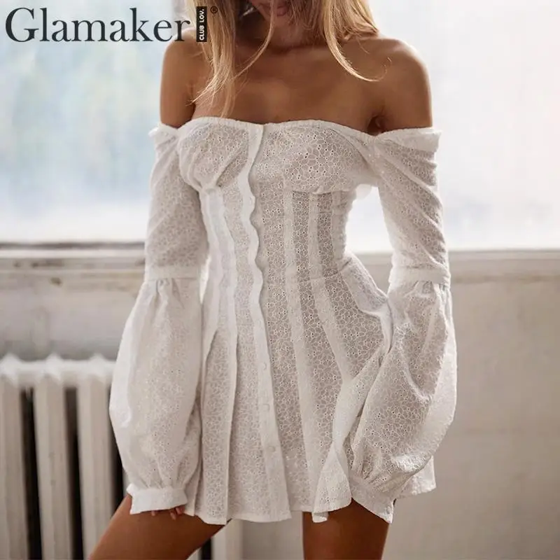 Glamaker плиссированное белое платье трапециевидной формы с открытыми плечами, женское облегающее платье с рукавами-фонариками, повседневное открытое хлопковое короткое платье