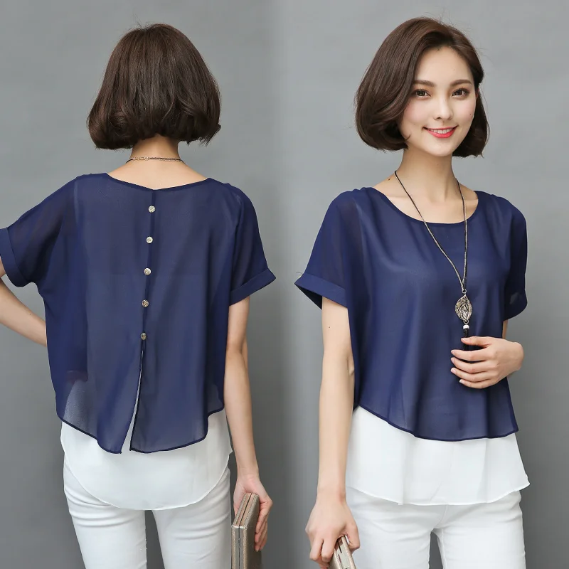 Женская шифоновая блузка с коротким рукавом свободная из двух частей размера