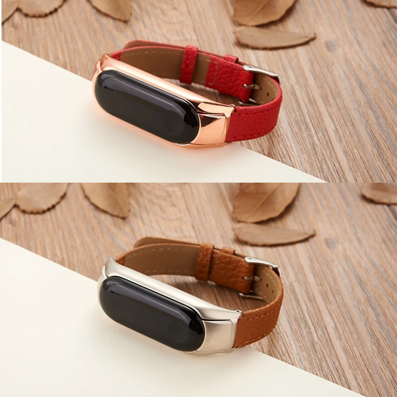 Кожаный ремешок для Xiaomi Mi Band 3 с рамкой из нержавеющей стали браслет Смарт часы