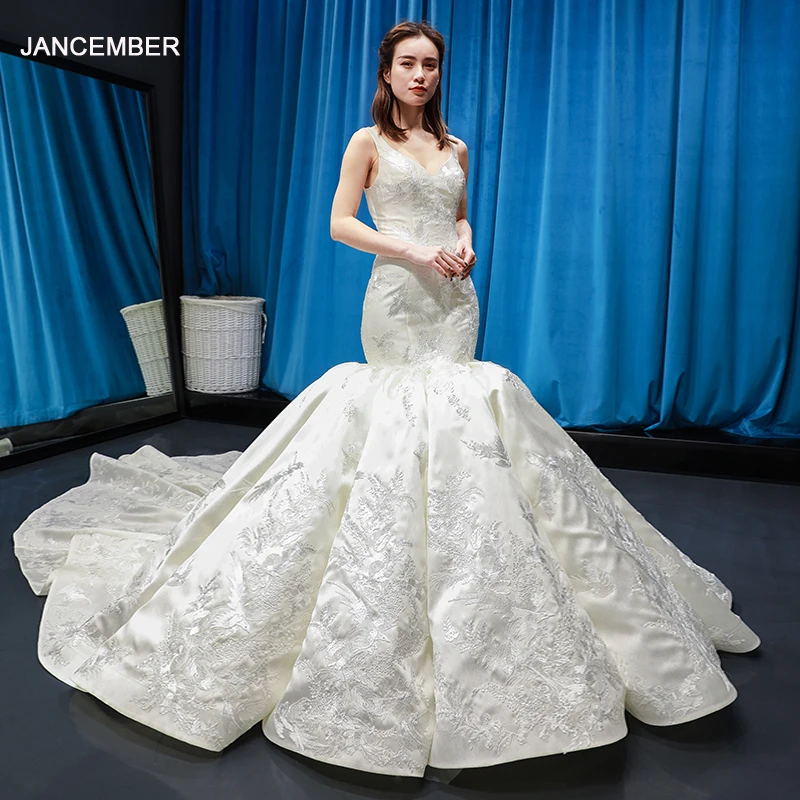 J66785 jancember Роскошные атласные свадебные платья Русалка Сексуальная v образным