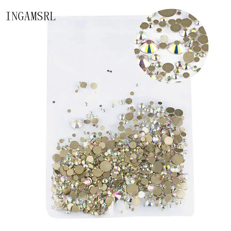 Стразы смешанного размера, Кристальные, стеклянные, AB SS3-SS30, без горячей фиксации, с плоским основанием, для шитье стразами и тканевой одежды, стразы для дизайна ногтей