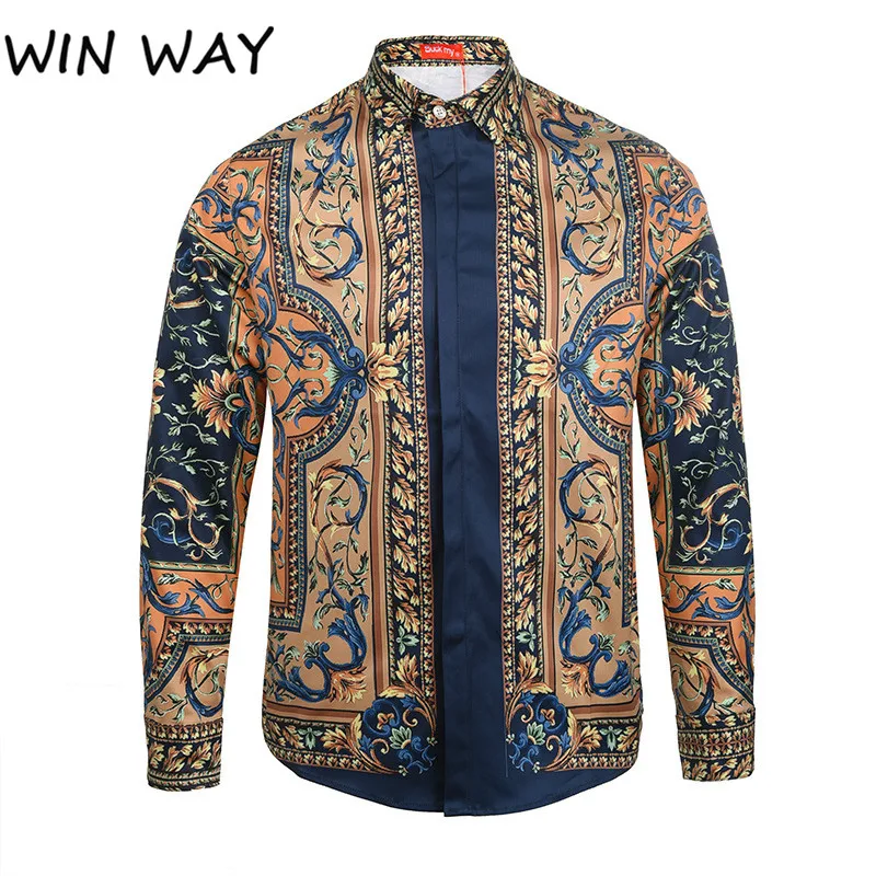 WINWAY 2018 для мужчин модные повседневное с длинным рукавом узор рубашка Slim Fit