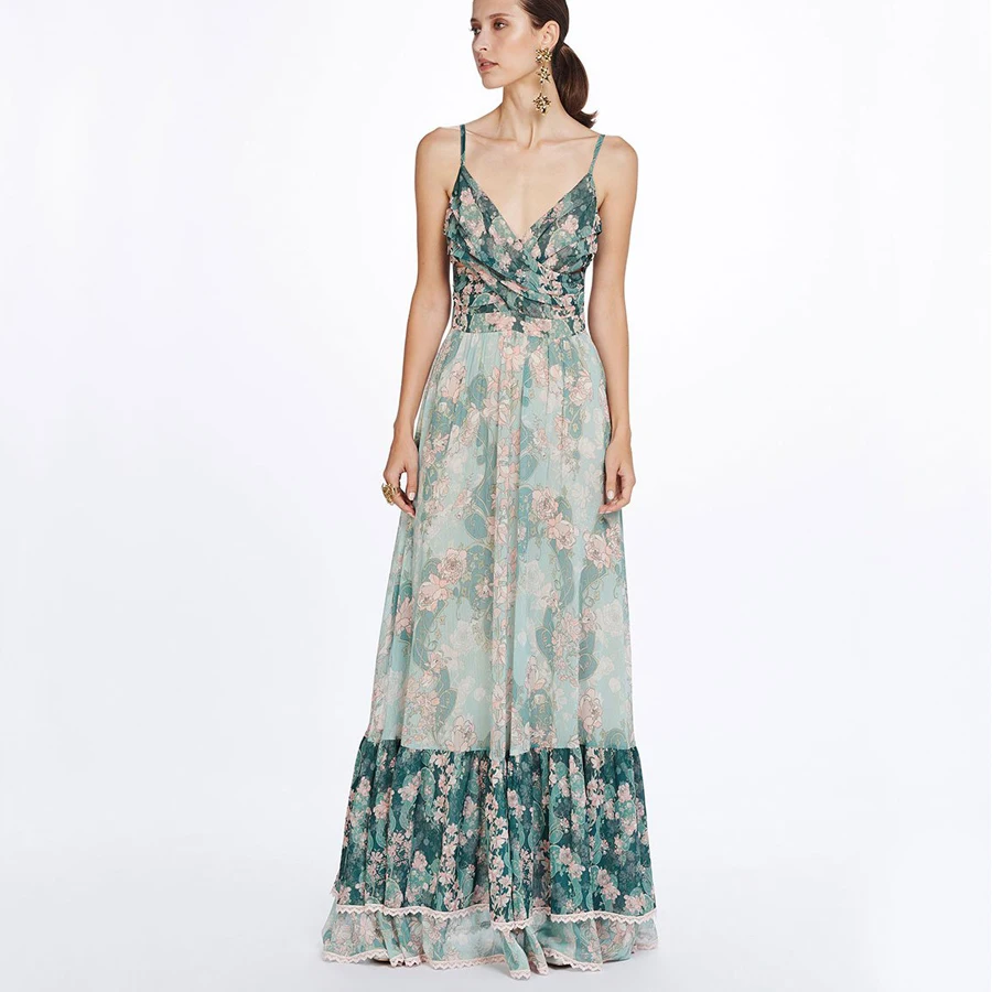 Boho Летнее платье пляжное Каскадное женское платье уличный стиль Слинг без рукавов Макси платье с v-образным вырезом платье с цветным принтом Новинка