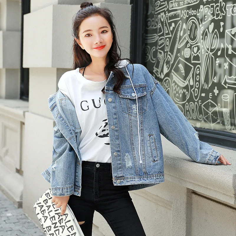 Женская джинсовая куртка со съемным капюшоном Повседневная Свободная с вышитыми