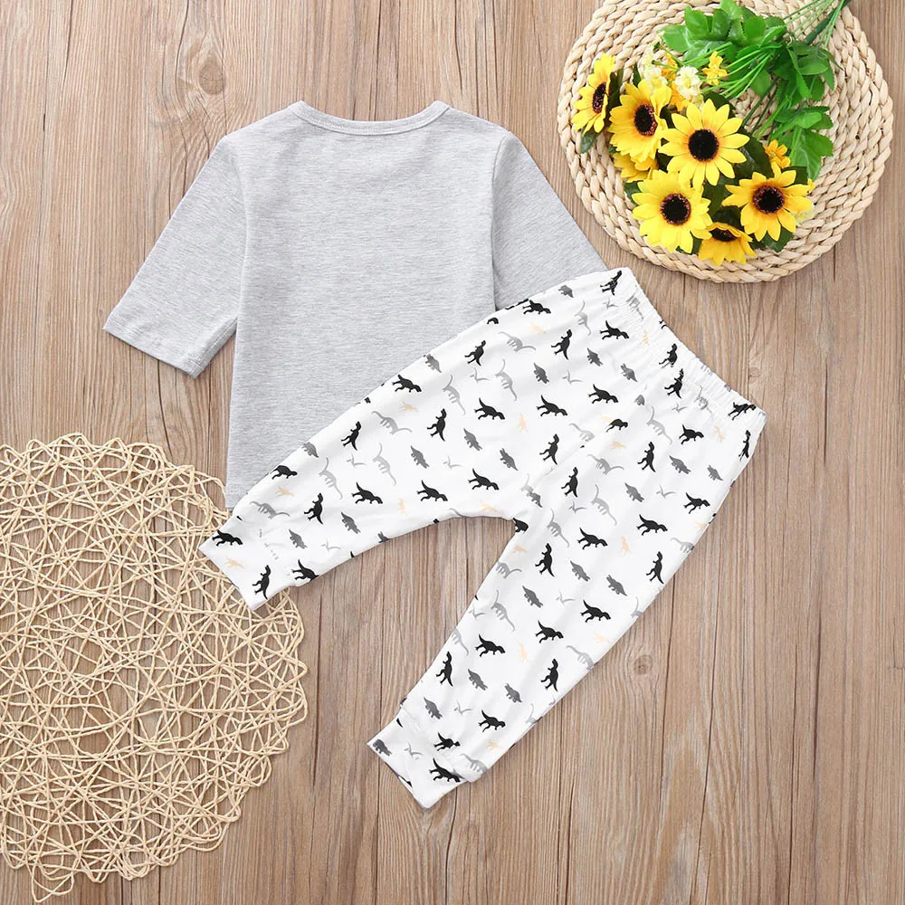 Дети для маленьких мальчиков письмо футболка Топы Брюки с динозаврами детская