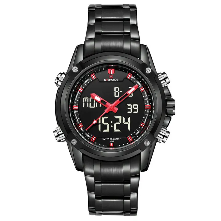 BLACK RED NAVIFORCE, военные часы, люксовый бренд, кварцевые, светодиодный, цифровые часы, полностью стальной ремешок, водонепроницаемые, армейские, модные, двойное время, аналоговые часы - Цвет: BLACK RED